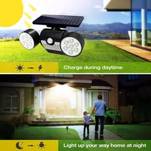 30 светодиодный безопасное освещение, на солнечной батарее с датчиком движения двойной головкой прожекторы IP65 Водонепроницаемый 360 ° регулируемые солнечные движения огни Открытый