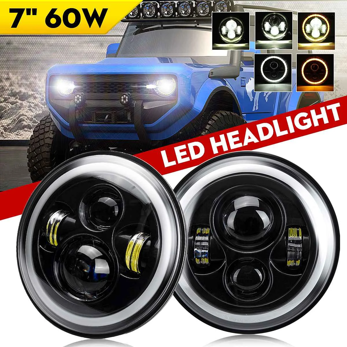 

2X 7" 60W LED Headlight Head Lamp Hi/Low Beam Halo Angel Eye DRL Amber Turn Signal E9 for Jeep Wrangler JK TJ Harley Yamaha
