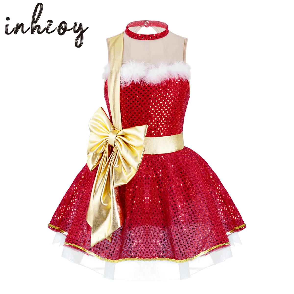 Kids Girls Bowknot Sequins Christmas Costume Candy Cane Mrs Santa Claus Dress Figure Ice Skating Tutu Dress Leotard Dancewear