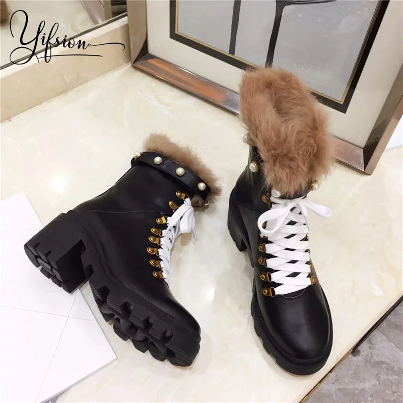 

OLOME New Fashion Genuine Leather Women Gladiator Boots Round Toe Lace Up Sexy Platform Chunky Heel Fashion Boots Shoes Woman