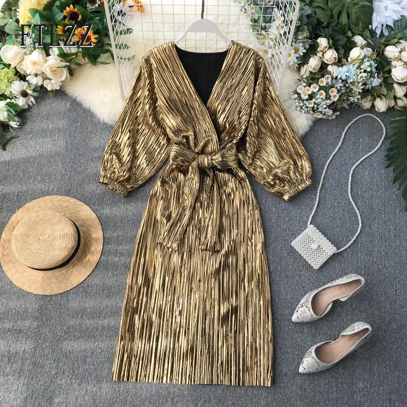 New 2022 autumn pleated dress women slim with belt bodycon dresses ladies v-neck bandage bow golden sexy club party dresses