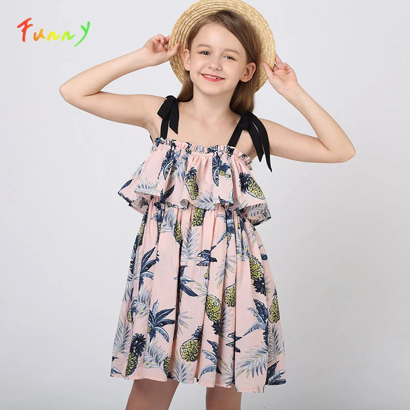 

Pink Ruffle Strap Kids Dresses for Girls Floral Print Cute Princess Dress Girl Summer High Waist Knee Length Boho Short Dress