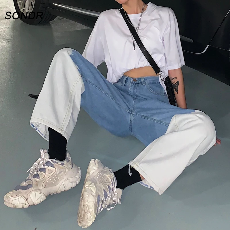 

Harajuku Wide Leg Pants Loose Colorblock Jeans Female Denim Joggers Korean Fashion Patchwork Vintage High Waist Straight Trouser
