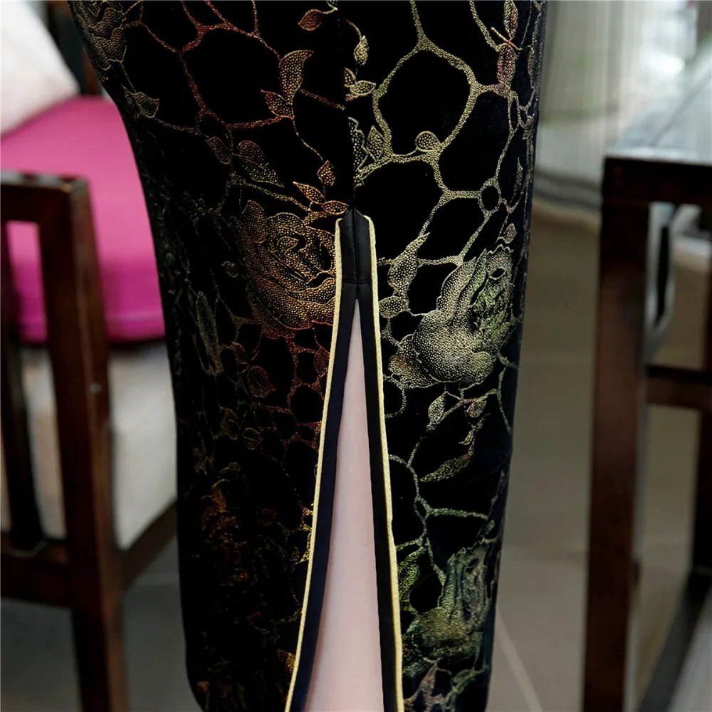 Шанхай история Половина рукава китайское традиционное платье Cheongsam Цветочная вышивка бархат Qipao китайское женское платье 3 цвета