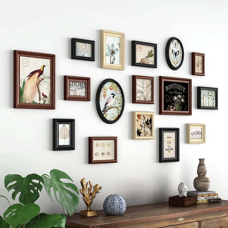

16 Pieces Retro Style Photo Frame Set Decorate TV Sofa Background Wall Flower Bird Painting Picture Album Frame Creative Cornici