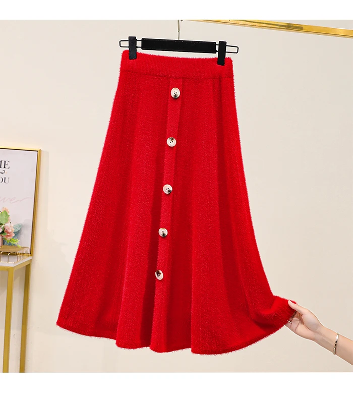 Black Red Knitted Long Plus Large Size Oversize Korean Style Fashion Autumn Women'S Clothing Vintage 2021 High Waist Skirts Skirts