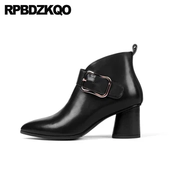 

high quality genuine leather big size fur heel pointed toe block chunky booties plus 10 women ankle boots medium black shoes