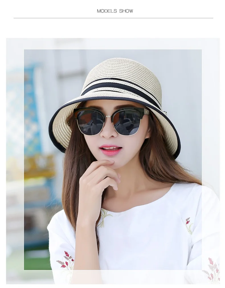 2021 Muchique Boater Hats for Women Summer Sun Straw Hat Wide Brim Beach Hats Girl Outside Travel Straw Cap Casual Bow Hat