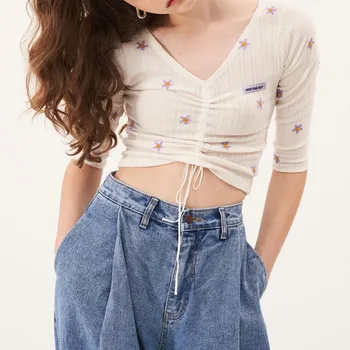 

Embroidery Short Pleated Pullovers Korean Vintage 2020 Spring Sweater Women Chic Sexy Slim Pull Femme Flower Ladies Pullover