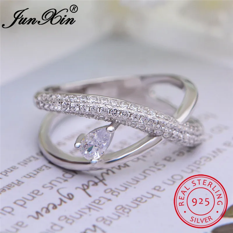 Bridal Real s925 Sterling Silver Infinity Rings For Women Pear Cut White Green Zircon Stone Cross Ring Wedding Bands Jewelry CZ