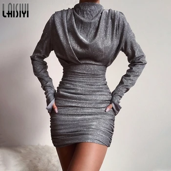 

LAISIYI 2019 Long Slit Sleeve Sequin Ruched Sexy Mini Dress Autumn Winter Women Ladies Christmas Party Shining Dresses ASDR22822