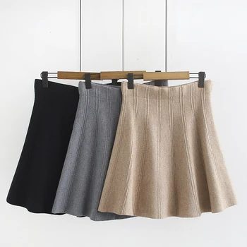 

2019 Autumn Winter New High Waist Pleated Mini Knitted Skirt Women Thick Soft Warm Grey Khaki Black Striped Skirt Plus Size 3XL