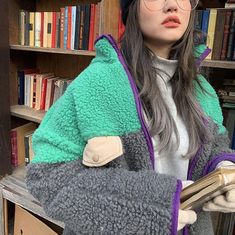 Уличная одежда, пальто из овечьей шерсти, Лоскутная Женская куртка, большие размеры, куртки с длинным рукавом, зимние теплые хлопковые куртки, женская верхняя одежда