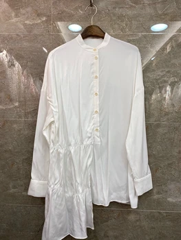 

2020 Spring and Summer New Women's Crew Neck Hem Irregular Side Wrinkled Decorate Long Blouse Shirt 422