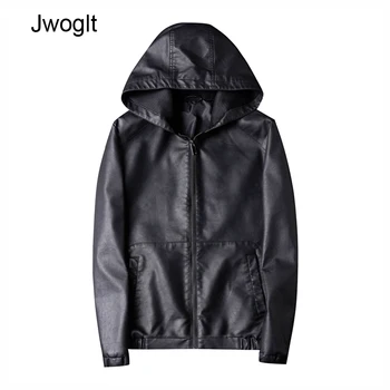 

High Quality New Men Hooded Leather Jacket and Coat Casual PU Slim Fit Outerwear Coat Men Black Zipper Coat With Hat