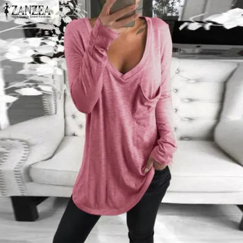 

2020 ZANZEA Autumn Women Blouse Casual Solid V Neck Long Sleeve Tops Femininas Blusas Sexy Ladies Shirts Chemise Femme Basic Tee
