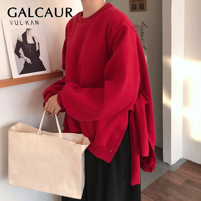 GALCAUR/женские свитшоты с разрезом сбоку и шнуровкой, с круглым вырезом и фонариком, с длинным рукавом, теплые, толстые, Осенние, женские толстовки, мода