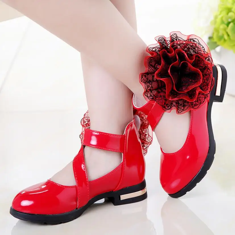 Zapatos de tacón alto para niñas, zapatos de flores de princesa, de cuero, a la moda para chicas, vestidos de fiesta, baile de boda