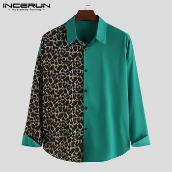 

INCERUN 2020 Fashion Shirt Men Leopard Patchwork Personality Long Sleeve Lapel Brand Shirts Streetwear Camisa Masculina S-3XL