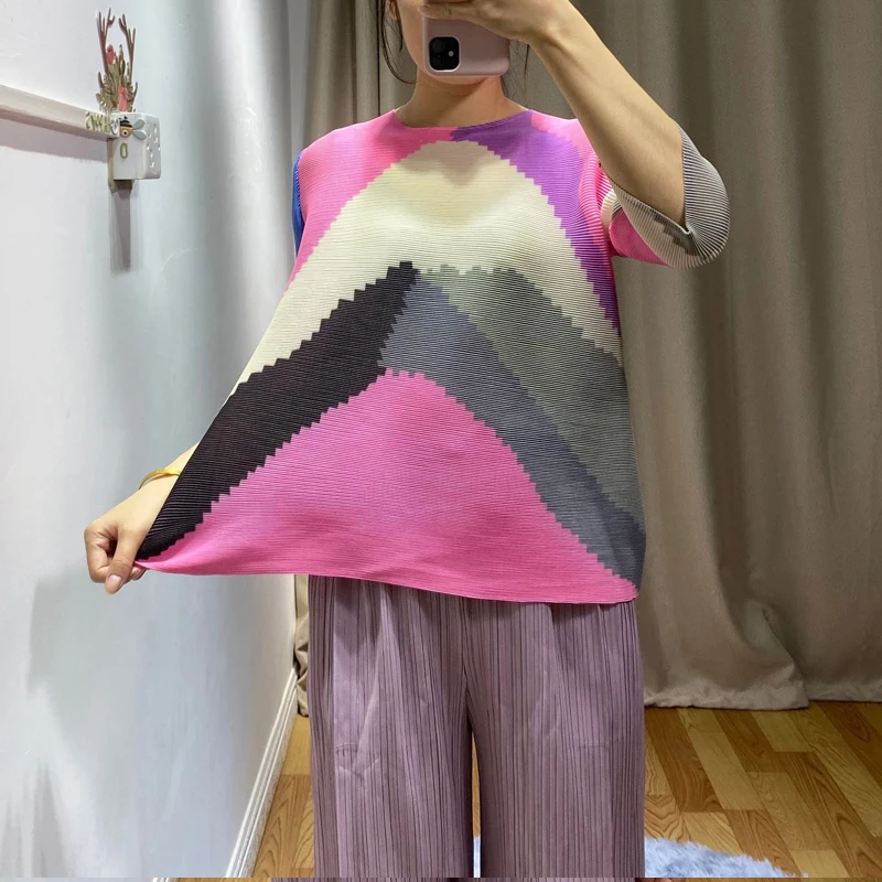 Весенняя Новинка Miyake, плиссированный топ, свободный, короткий, круглый вырез, 7/4 рукав, тонкая Базовая футболка, тренд