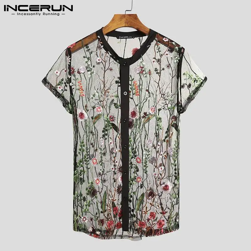INCERUN Fashion Men Mesh Shirts Embroidered Short Sleeve Breathable Sexy See Through Tops Button Party Nightclub Shirts 5XL