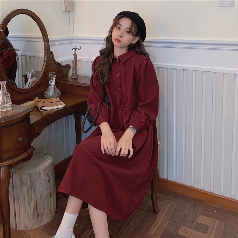 Dress Women Harajuku Solid Elegant Long Sleeve High Waist Corduroy A-Line Vestidos Fall New Fashion Trendy Casual Korean Stylish sexy dress