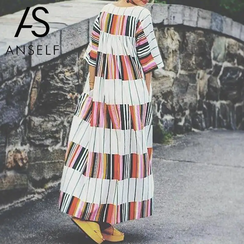 

ANSELF Women Long Maxi Dress Contrast Color Three Quarter Sleeve O-Neck Long Robe Large Sizes Dress Oversized Baggy Dress White
