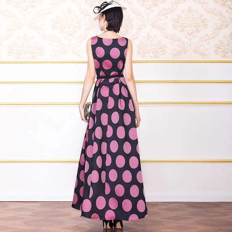 Autumn Maxi Long Dress Women Sleeveless A-line Dot Print Vintage Party Dresses Plus size M- XXXL