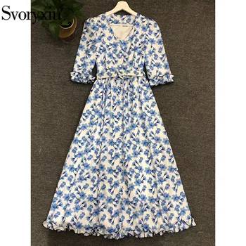 

Svoryxiu Runway Elegant Summer Long Dresses Women's Sexy V-Neck Single-Breasted Blue White Flower Print Dress Vestdios