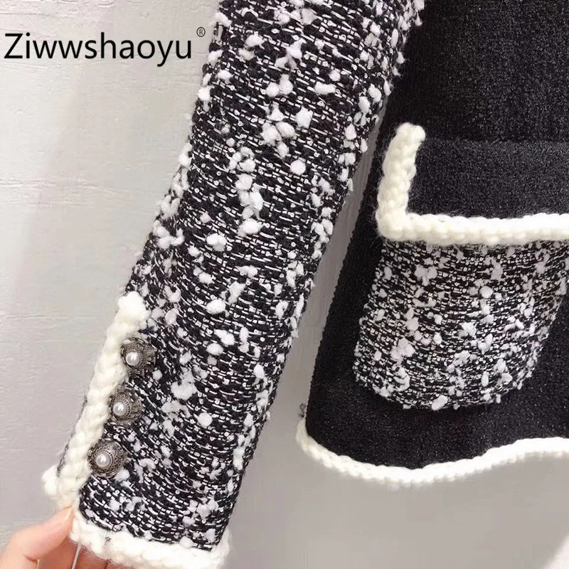 Ziwwshaoyu дизайнерское высококачественное шерстяное черно-белое винтажное пальто с длинными рукавами, женская верхняя одежда