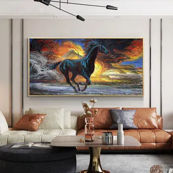 Running Black Horses Abstract Oil Painting Printed on Canvas 1