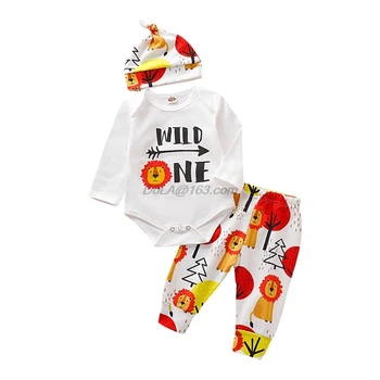 

3pcs Baby Girl Boy Infant Outfits Long Sleeve Cartoon Lion Romper+Long Pants+Hat
