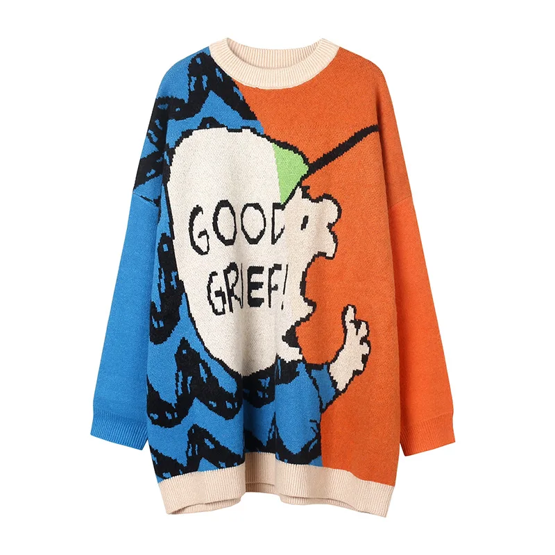 

2020 New Sweater Pullover Women's Korean-Style Cartoon Jacquard Autumn and Winter Patchwork Sleeve Korean-Style