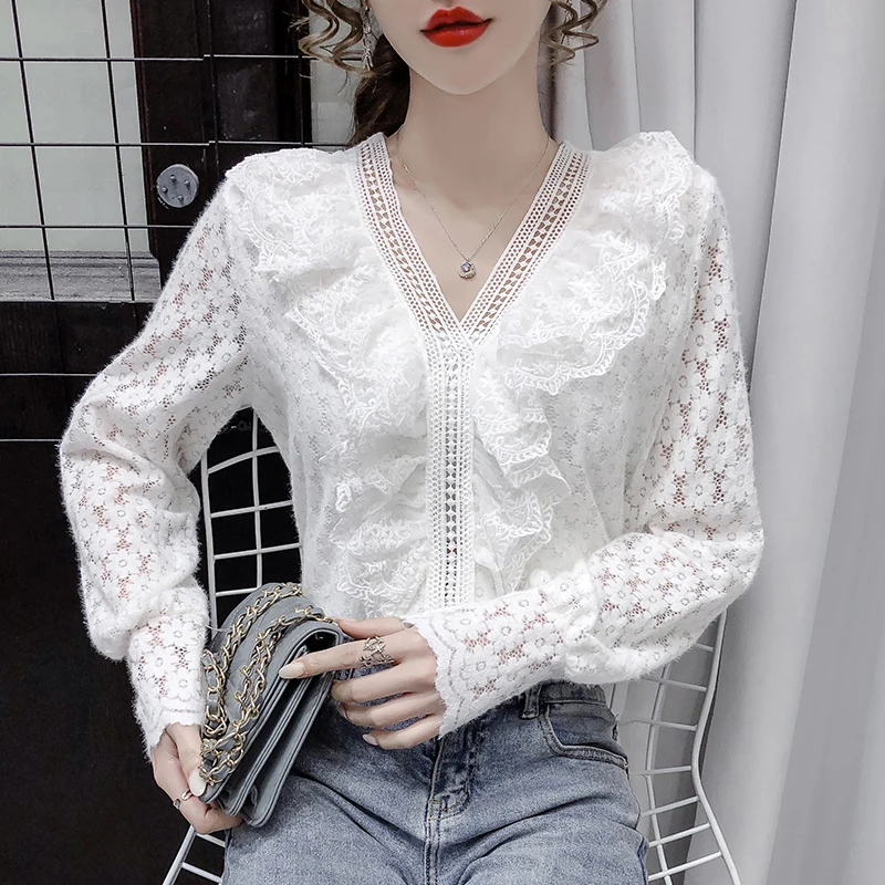 V Neck Lolita Blouse Shirts Office Lady Spring Summer Lace Long Sleeve Ruffle Women Blouses Sexy Pullover Tops Crochet Sweet