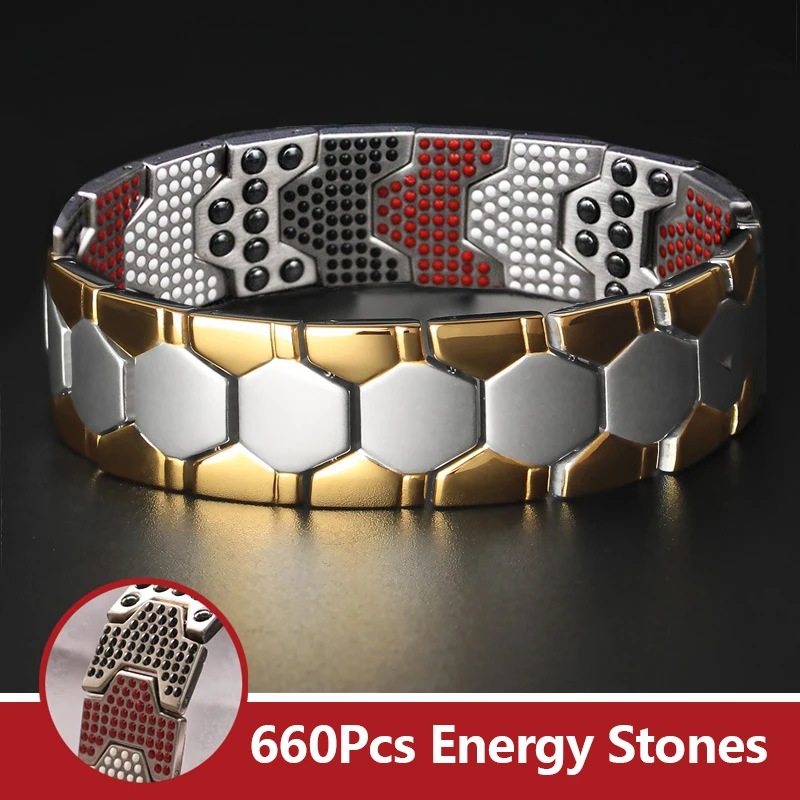 

Health Energy Pure Titanium Therapy Bracelet Bangle for Arthritis 660Pcs Energy Stones Men's Gold Magnetic Bracelet Pain Relief