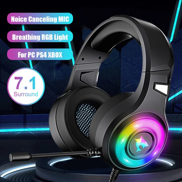 Fone de ouvido de jogos luminoso com fio com microfone sobre-orelha fones  de ouvido 7.1 surround sound pc ps4 ps5 3 opções eq jogo filme música