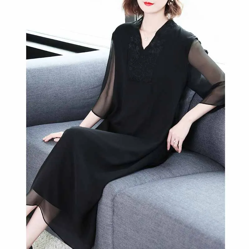 

Black And White with Pattern Silk Dress Women's 2019 New Style Spring Clothing Debutante Elegant Mulberry Silk Big Brand Long Sk