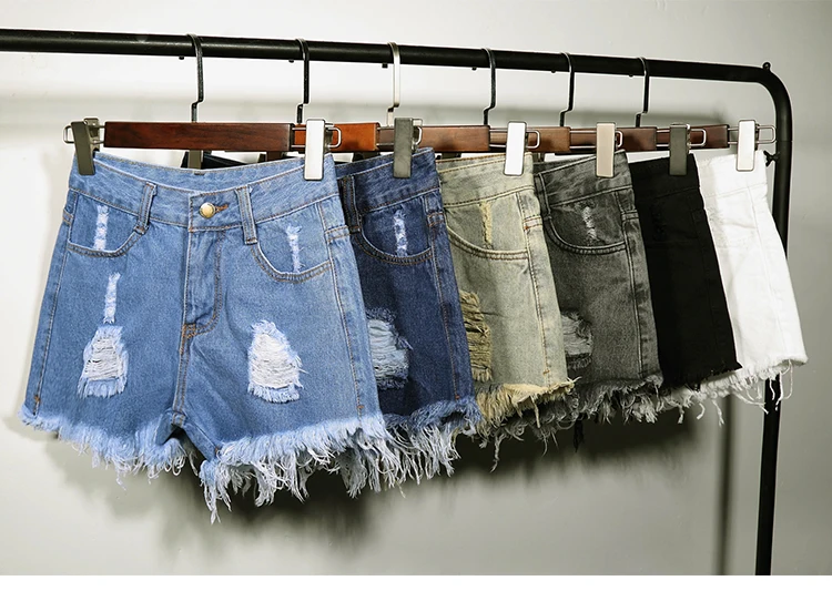 High-waisted with Holes Denim Shorts Women's Summer Influx Fur Trim Wide-Leg Fat Mm 200 Loose-Fit Plus-sized AA Hot Pants