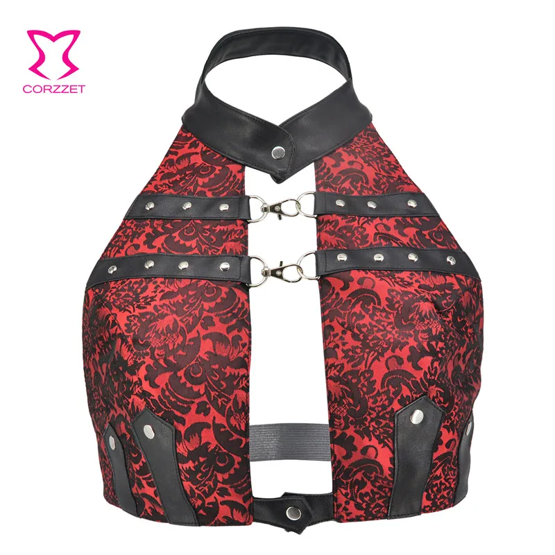 Brown Brocade& Faux Leather Short Backless Sexy Halter Top Vintage Gothic Clothing Punk Rock Accessories Steampunk Clothes Women