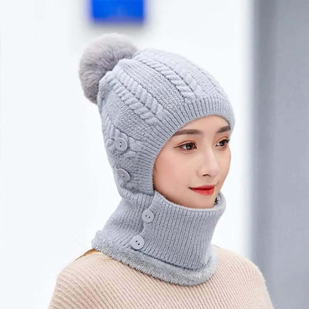 MISSKY Lady Warm One-piece Women Hat-Mask-Scarf Winter Thicken Knitting Wool Ball Riding Outdoor Beanies For Female