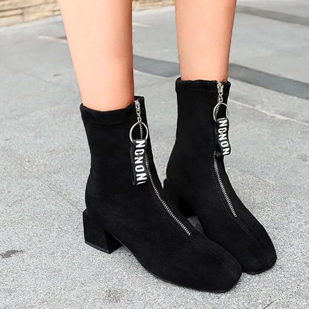 

2019 Fashion Women Winter Ankle Boots Square Heels Letter Shoes Woman Front Zipper Ladies Boots Square Toe Zapatos De Mujer#35
