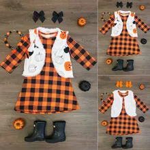 Одежда для маленьких девочек Хлопковое платье с принтом в клетку+ двусторонний жилет, комплект, костюм осенняя одежда для девочек детская одежда с длинными рукавами для девочек