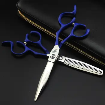 

6 inch High-grade Notched handle Blue paint Hair Cutting Scissor Hairdressing Scissors Hair Straight Thinning Scissors Barber