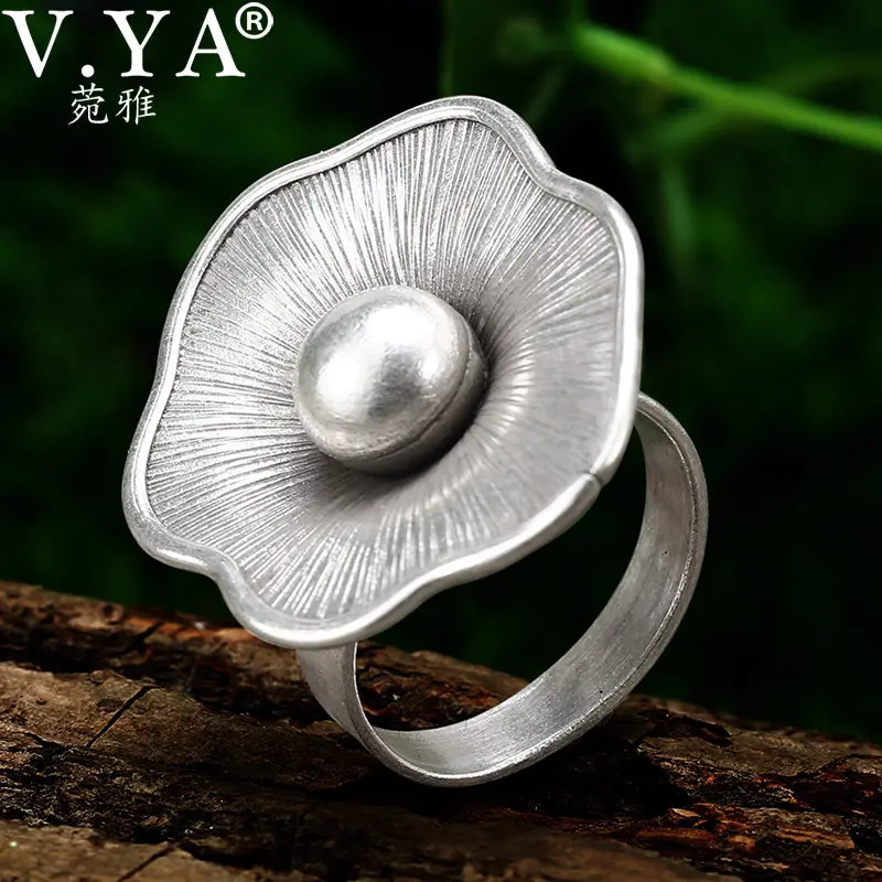 V.YA Vintage Jewelry S925 Sterling Silver Flower Ring For Women Adjustable Size Thai Silver Party Jewelry