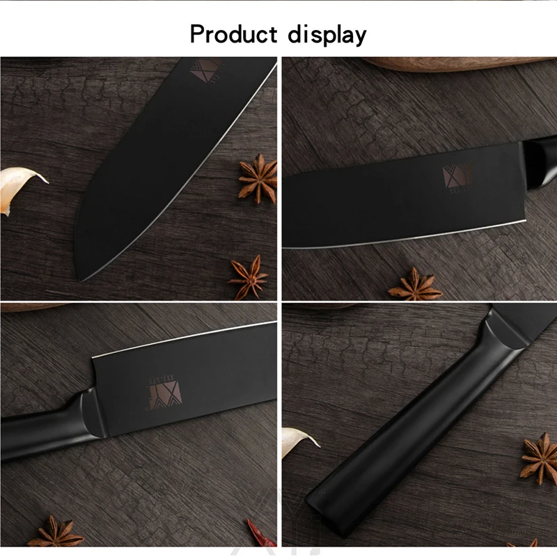 XYJ набор кухонных ножей японский " Santoku 5" Универсальный 6," нож шеф-повара Держатель ножей из нержавеющей стали черное лезвие инструменты для приготовления пищи