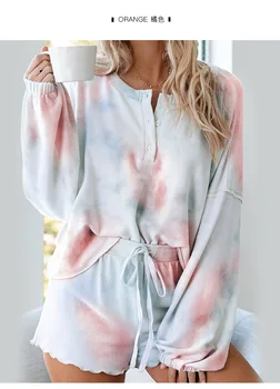 

Spring and summer women fashion loose tie-dying print soft fleece pajama set female trendy color comfortable sleepwear suit