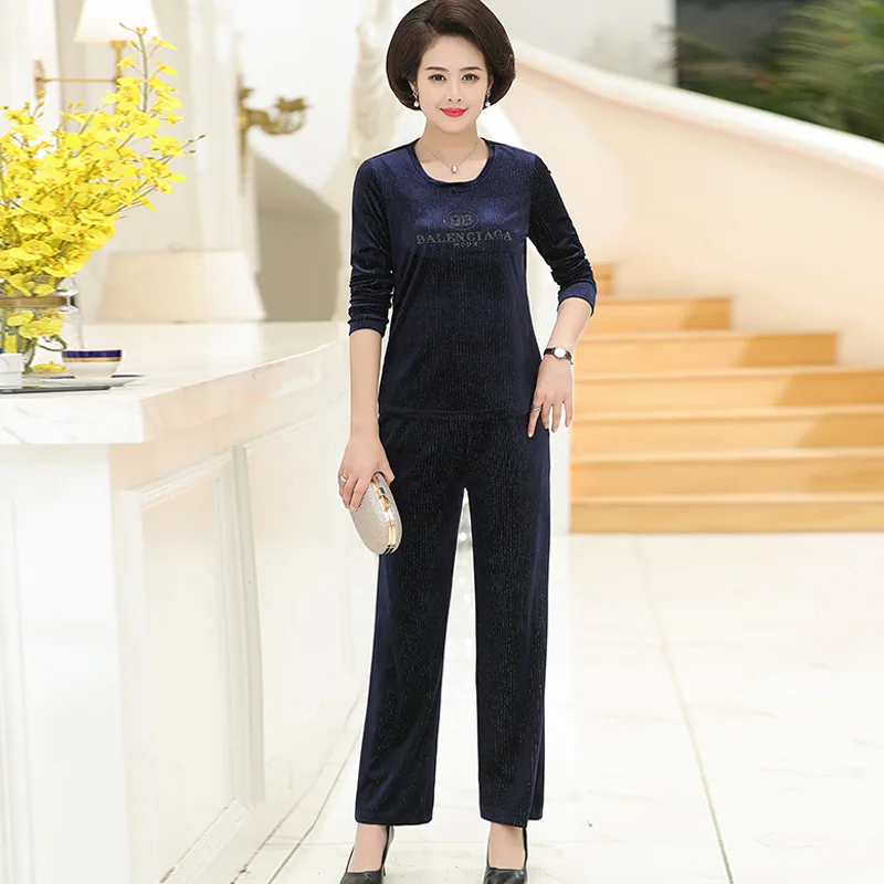 

2019 Middle-aged Gold Velvet Sports Set Spring And Autumn Three-piece Set Crew Neck Pullover WOMEN'S Sportswear Large Size Long
