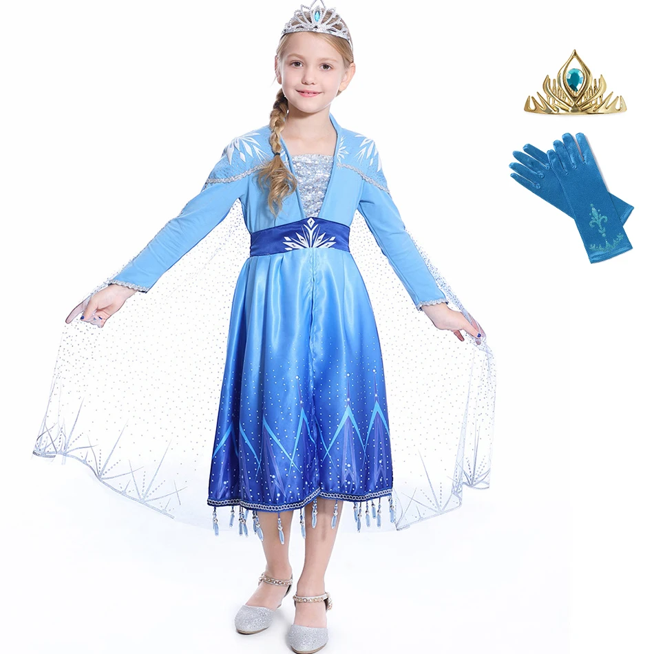 Платье Эльзы для девочек возрастом от 2 до 10 лет костюм Снежной Королевы из 2 предметов детская одежда для костюмированной вечеринки на год, день рождения детское голубое нарядное платье Эльзы