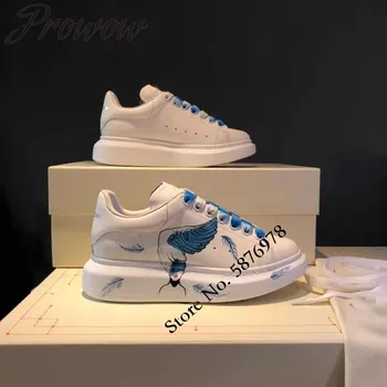 

Prowow Genuine Leather Rainbow Lace Up Color Totem Printed Tom White Sneakers Open Toe Lace Up Flats Casuals Shoes Women