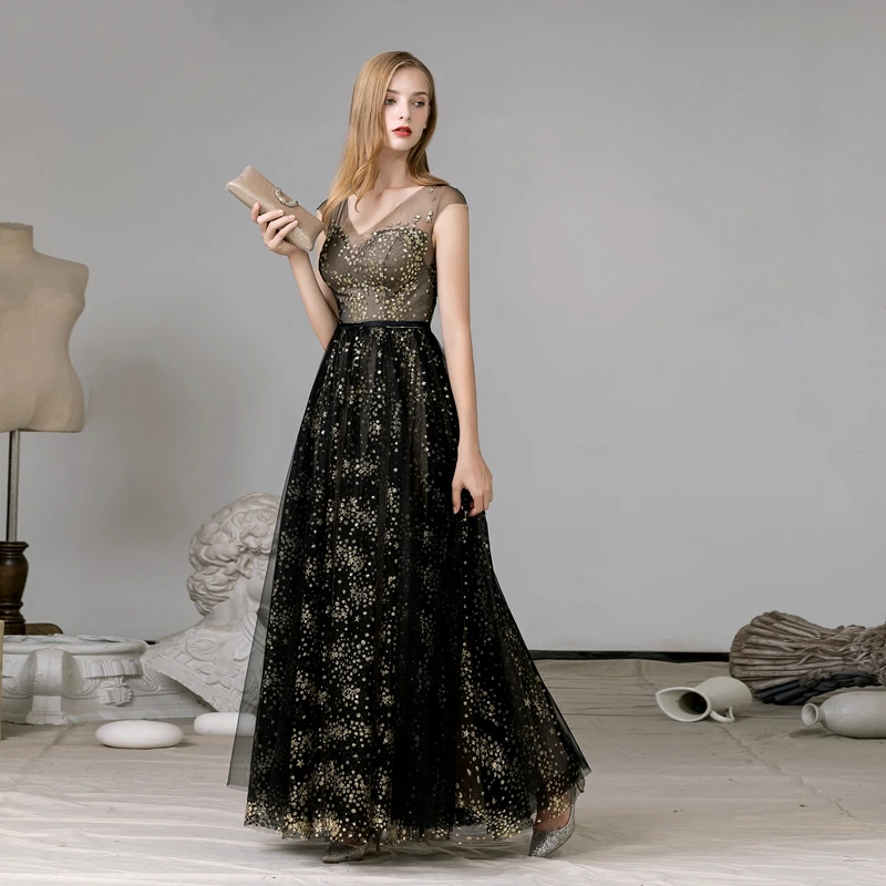 

Black Sparkle Charm Elegant V-Neck Sleeveless A Line Evening Dresses Party Dress Wholesale